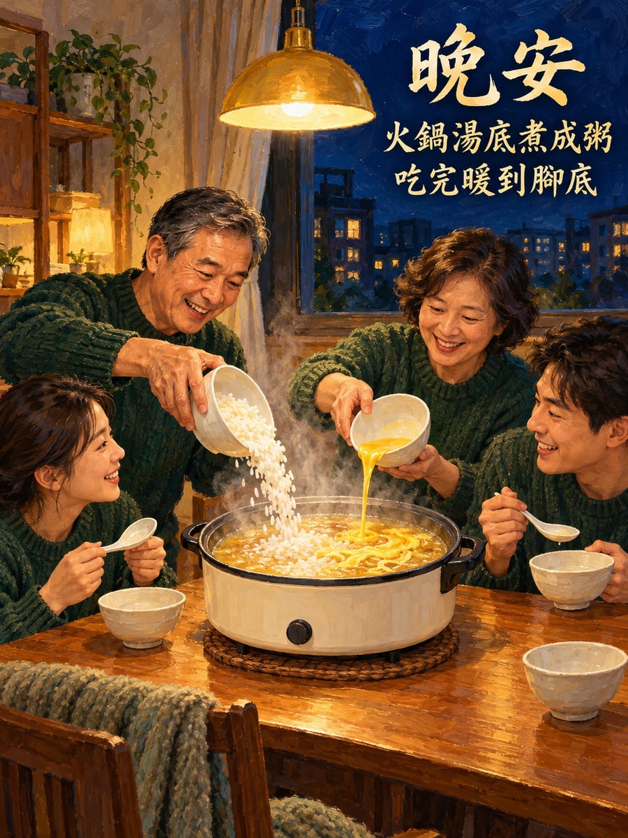 火鍋最後煮成粥。圖中文字：晚安，火鍋湯底煮成粥，吃完暖到腳底