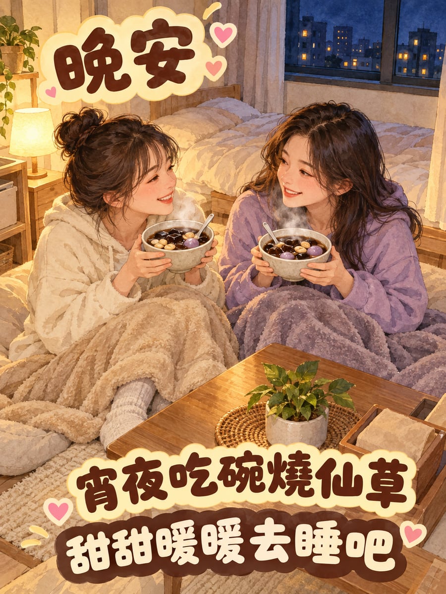 宵夜吃碗燒仙草。圖中文字：晚安，宵夜吃碗燒仙草，甜甜暖暖去睡吧