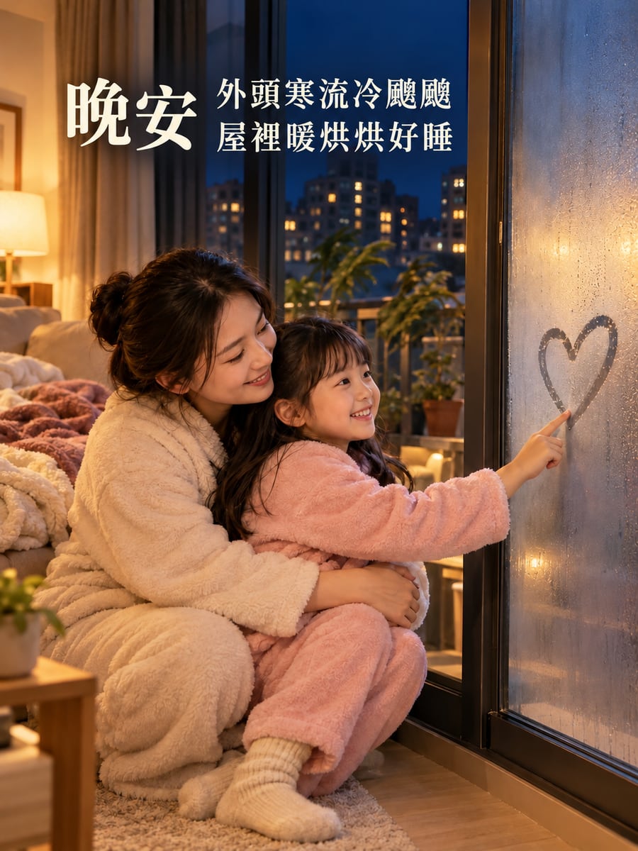 玻璃起霧的寒流夜。圖中文字：晚安，外頭寒流冷颼颼，屋裡暖烘烘好睡