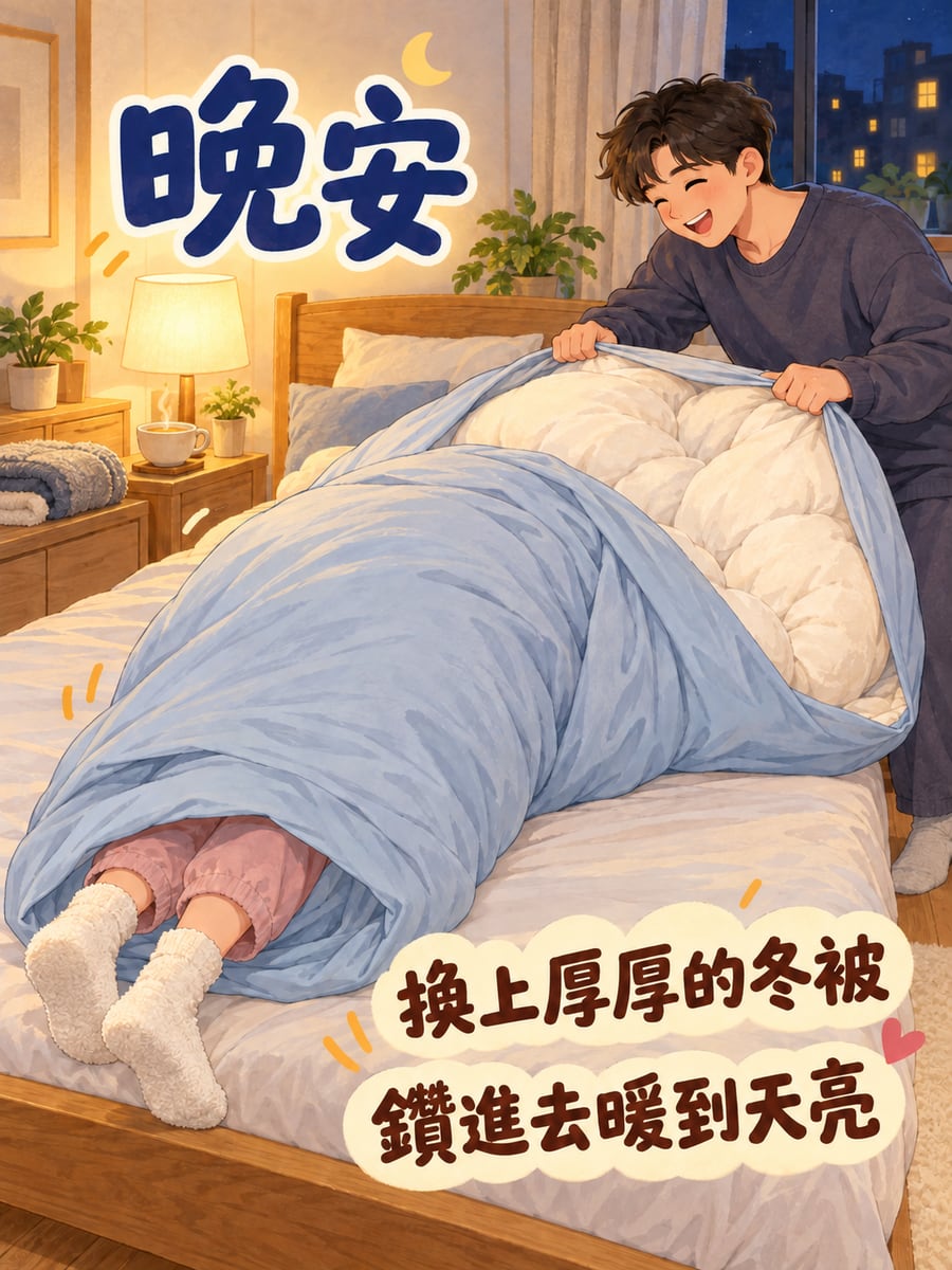 換上厚厚的冬被。圖中文字：晚安，換上厚厚的冬被，鑽進去暖到天亮