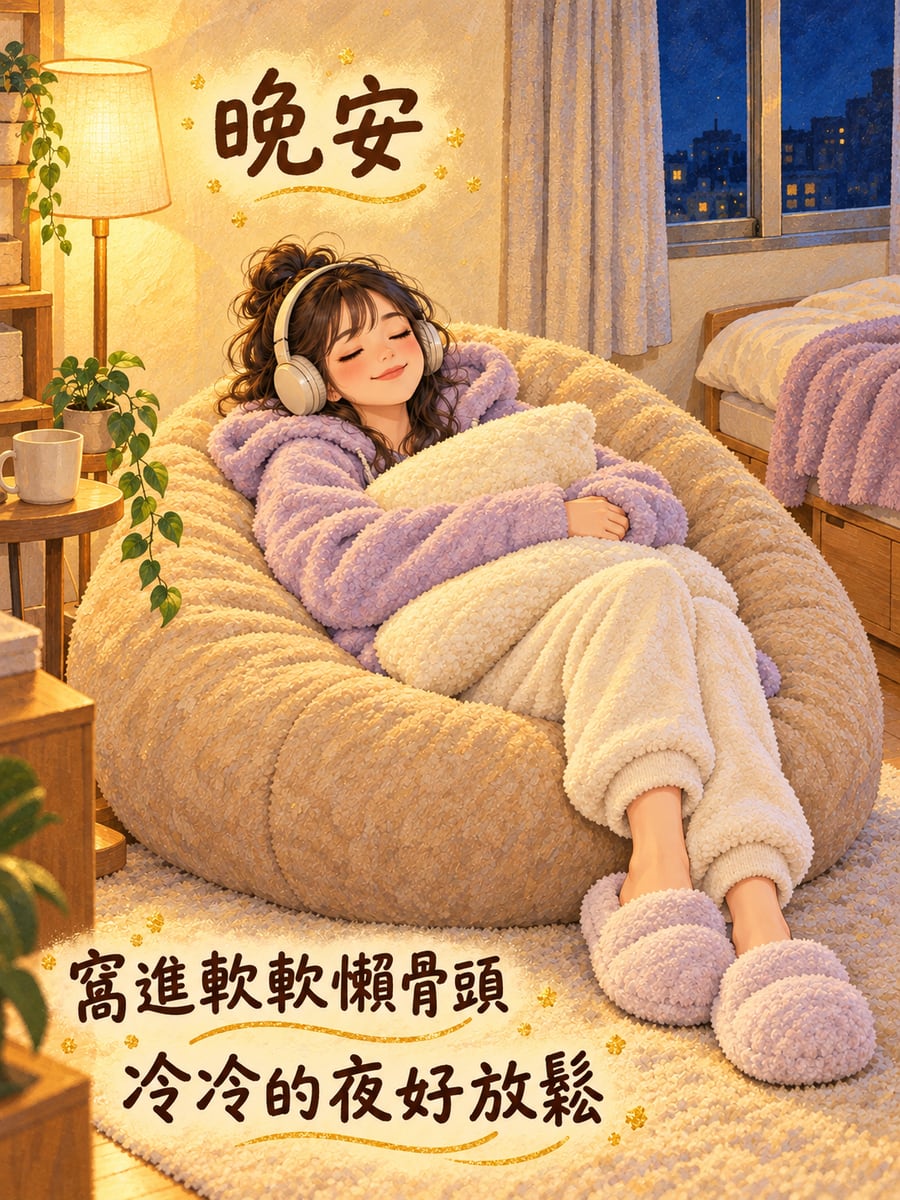 陷進懶骨頭的冬夜。圖中文字：晚安，窩進軟軟懶骨頭，冷冷的夜好放鬆