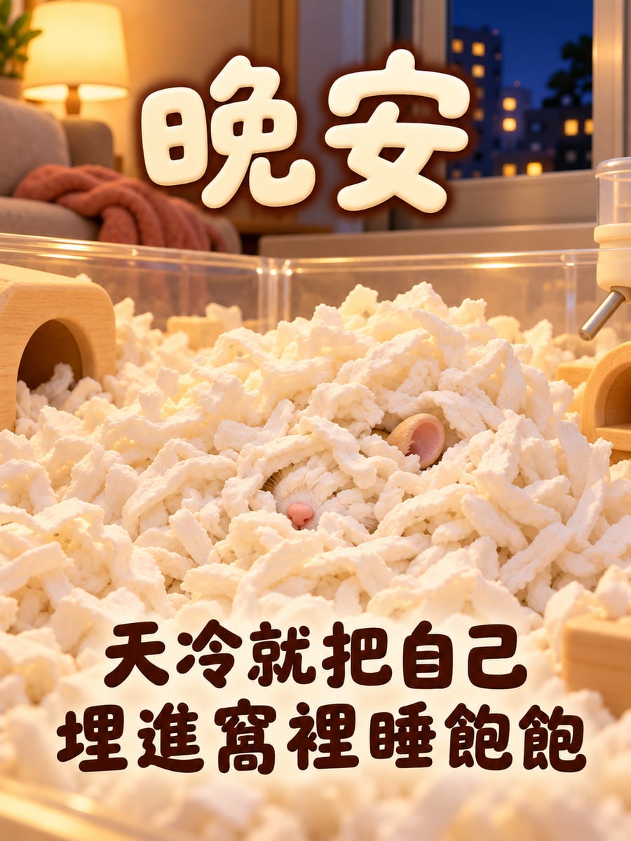 把自己埋進窩裡的沙鼠。圖中文字：晚安，天冷就把自己，埋進窩裡睡飽飽