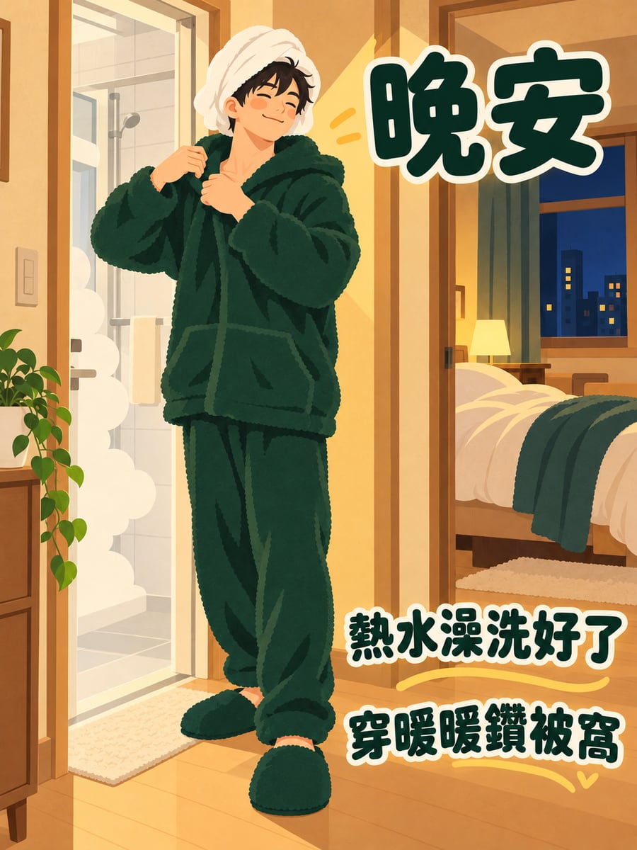 洗完熱水澡套上厚睡衣。圖中文字：晚安，熱水澡洗好了，穿暖暖鑽被窩