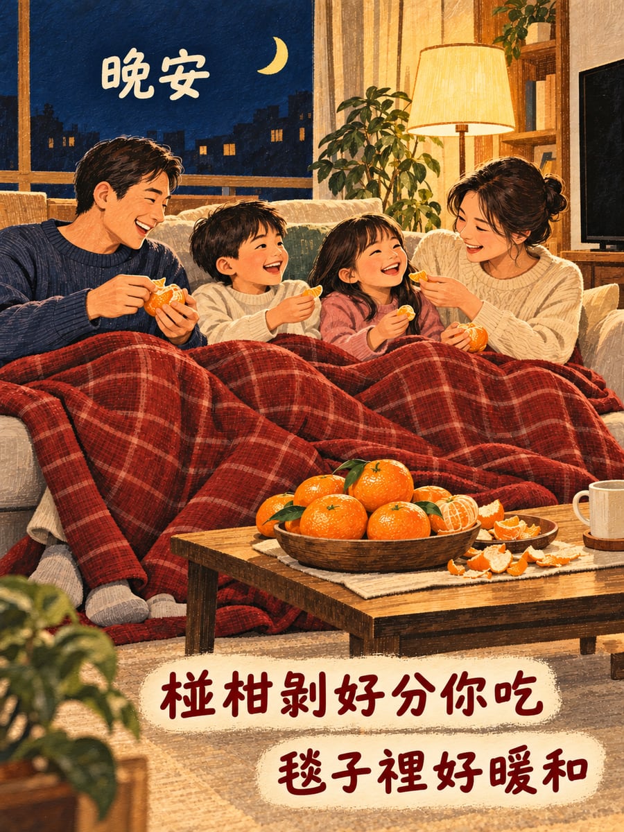 蓋同條毯子剝椪柑。圖中文字：晚安，椪柑剝好分你吃，毯子裡好暖和