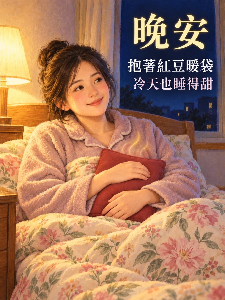 抱著紅豆暖袋。圖中文字：晚安，抱著紅豆暖袋，冷天也睡得甜