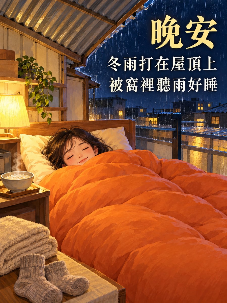 鐵皮屋頂的冬雨聲。圖中文字：晚安，冬雨打在屋頂上，被窩裡聽雨好睡