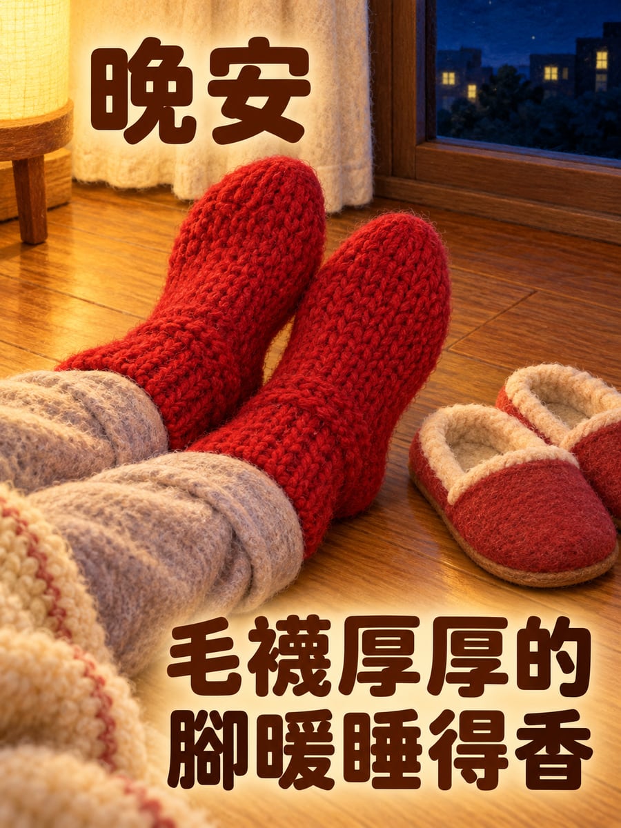 厚厚的手織毛襪。圖中文字：晚安，毛襪厚厚的，腳暖睡得香