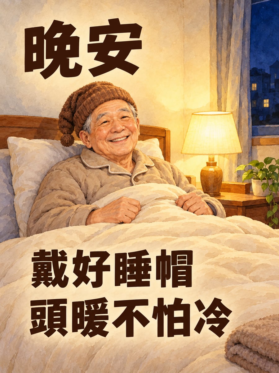 戴睡帽的阿公。圖中文字：晚安，戴好睡帽，頭暖不怕冷