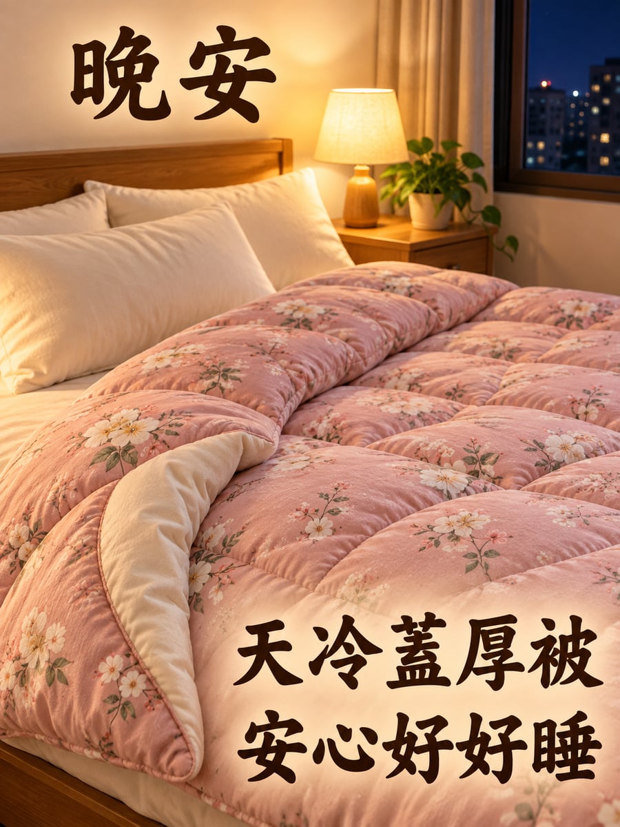 鋪好的厚棉被。圖中文字：晚安，天冷蓋厚被，安心好好睡