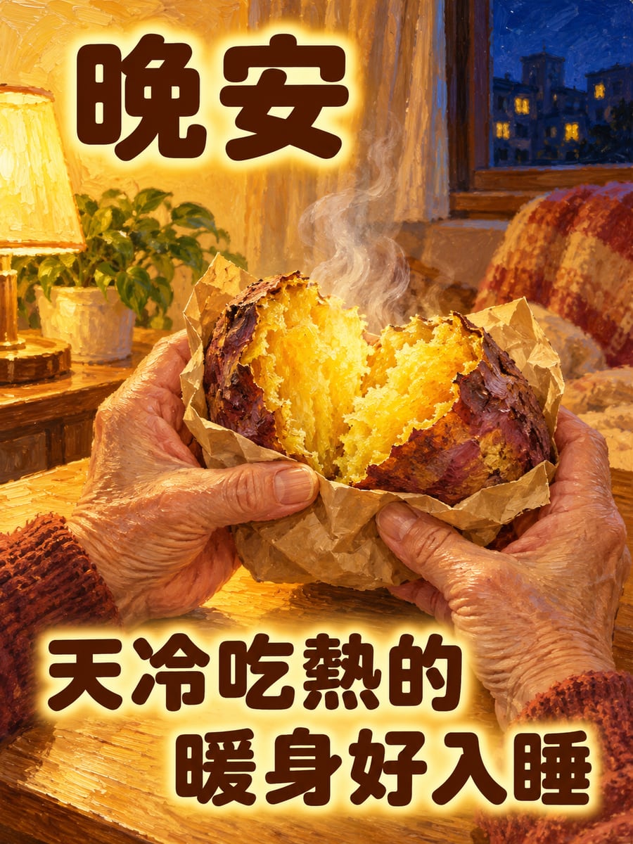 捧在手心的烤地瓜。圖中文字：晚安，天冷吃熱的，暖身好入睡