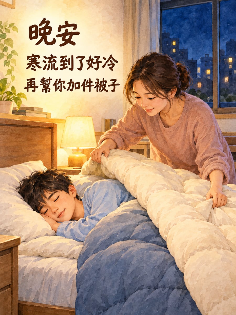 寒流夜加件被子。圖中文字：晚安，寒流到了好冷，再幫你加件被子