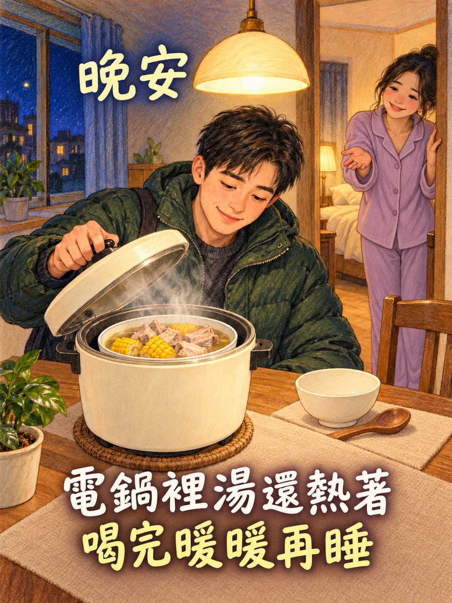 電鍋保溫的那碗湯。圖中文字：晚安，電鍋裡湯還熱著，喝完暖暖再睡