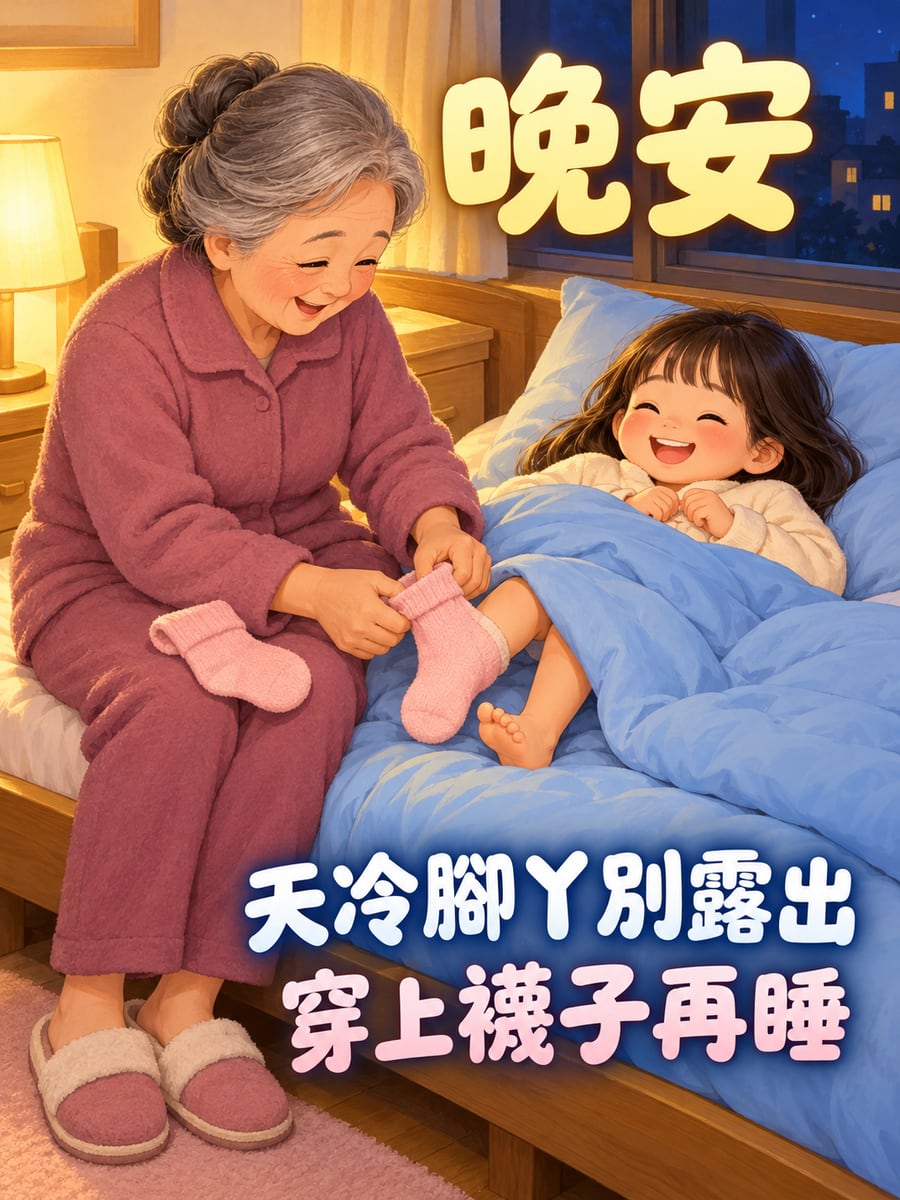 襪子穿上再睡。圖中文字：晚安，天冷腳丫別露出，穿上襪子再睡
