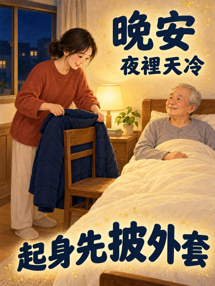 夜裡起身先披外套。圖中文字：晚安，夜裡天冷，起身先披外套