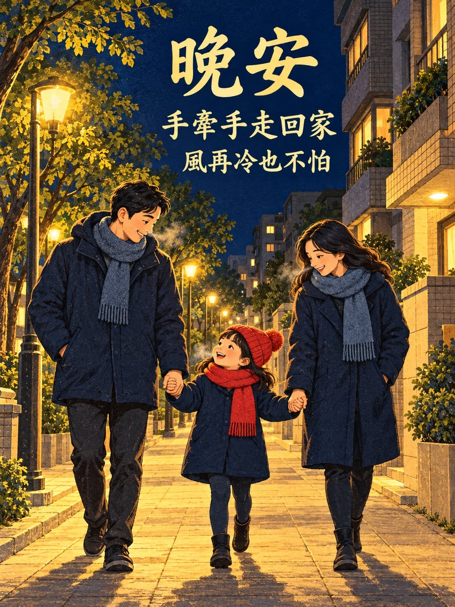 牽著手走回家的冬夜。圖中文字：晚安，手牽手走回家，風再冷也不怕