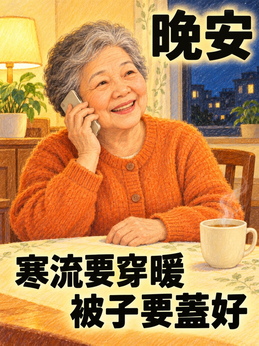 阿嬤打電話叮嚀穿暖。圖中文字：晚安，寒流要穿暖，被子要蓋好