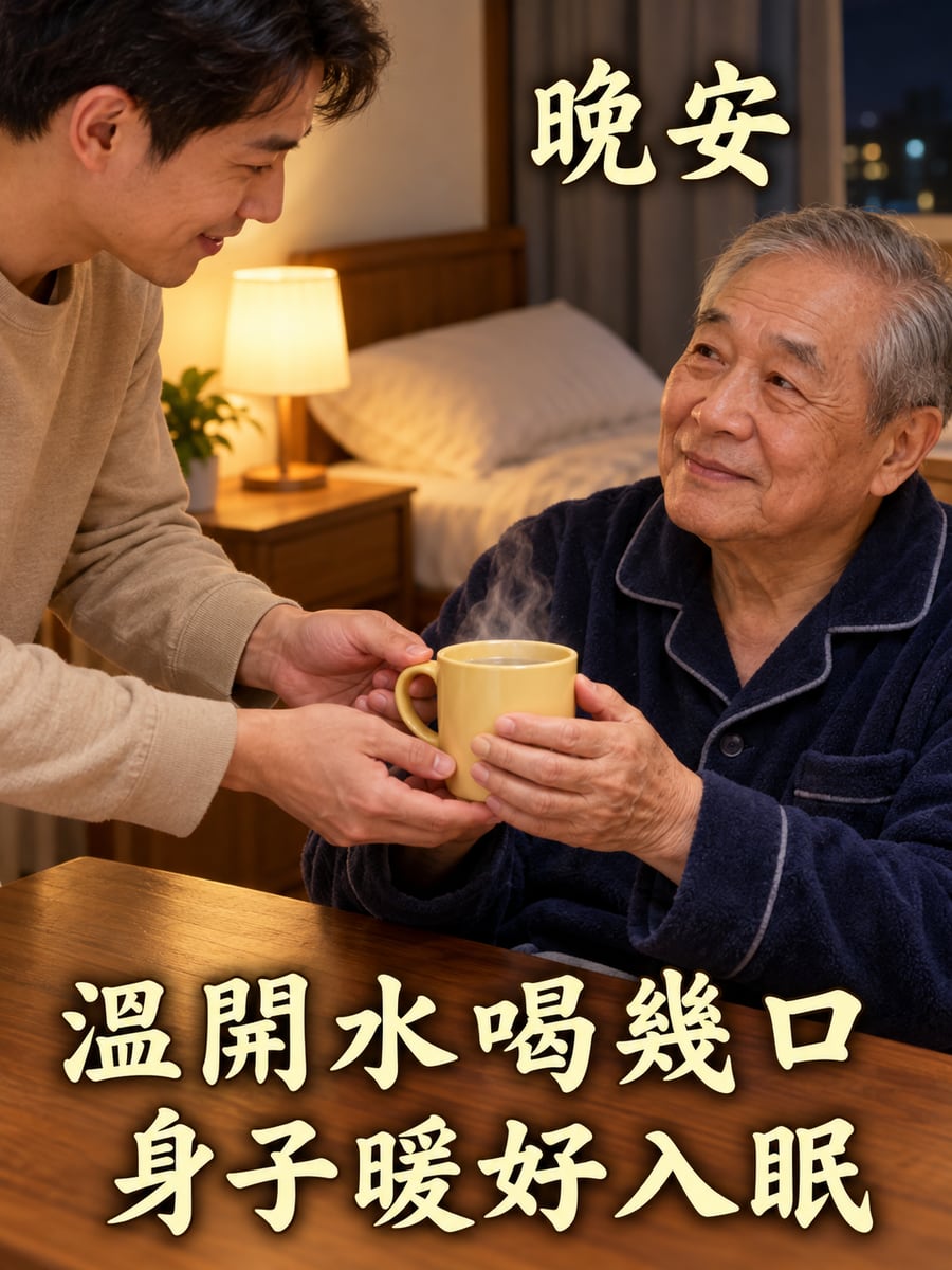 睡前的溫開水。圖中文字：晚安，溫開水喝幾口，身子暖好入眠