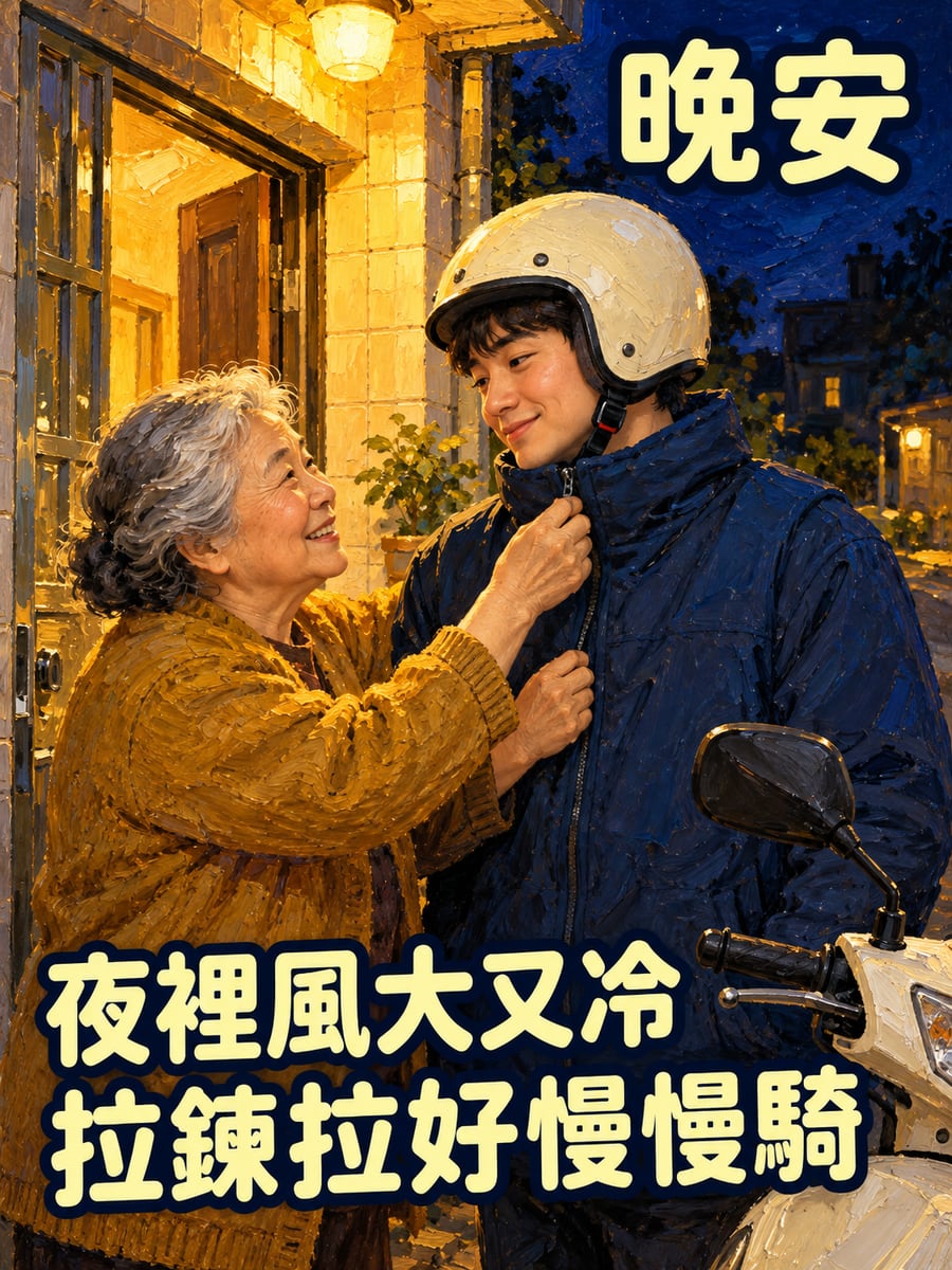阿嬤幫你拉好外套拉鍊。圖中文字：晚安，夜裡風大又冷，拉鍊拉好慢慢騎