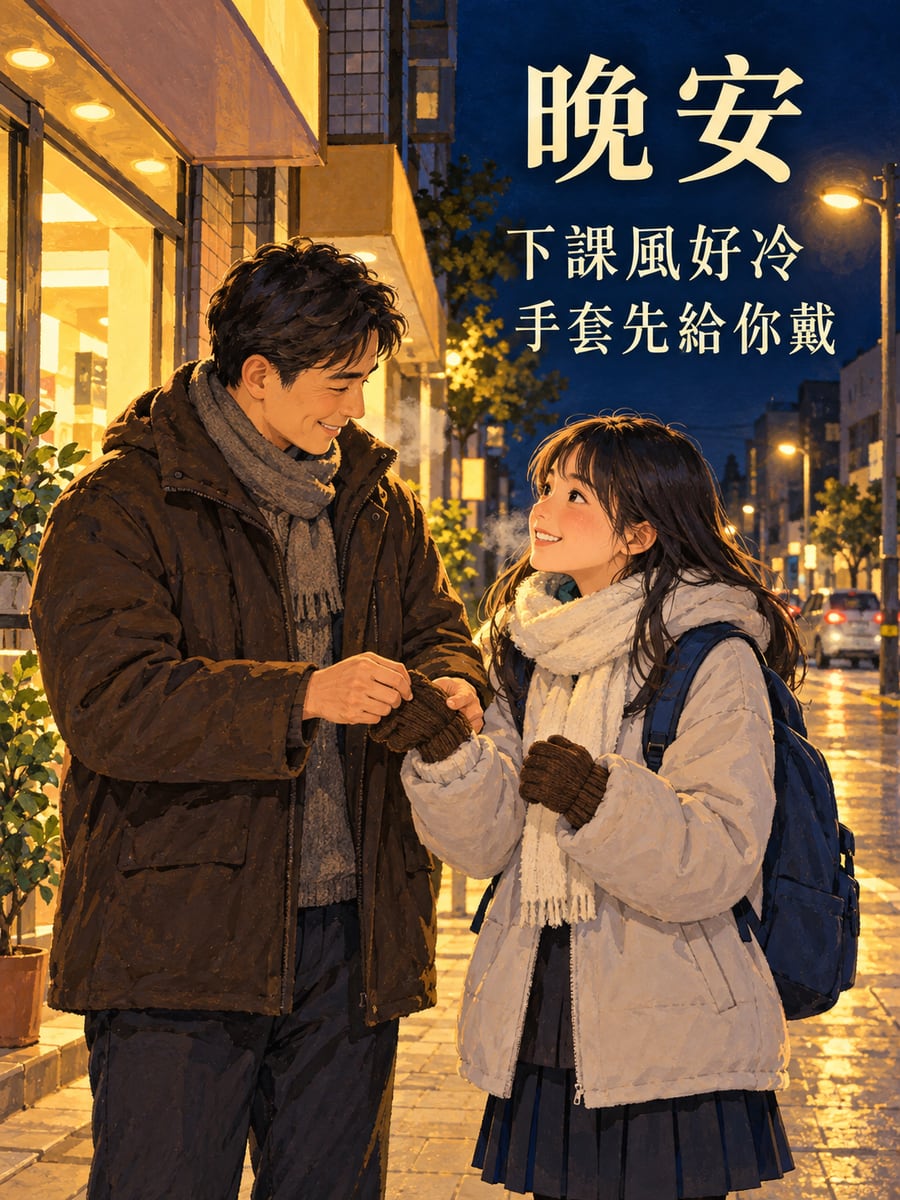爸爸的手套給你戴。圖中文字：晚安，下課風好冷，手套先給你戴