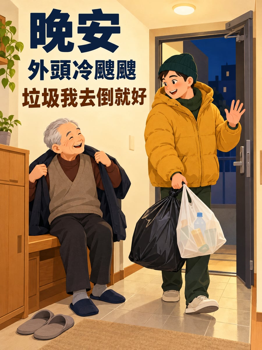 垃圾我去倒就好。圖中文字：晚安，外頭冷颼颼，垃圾我去倒就好