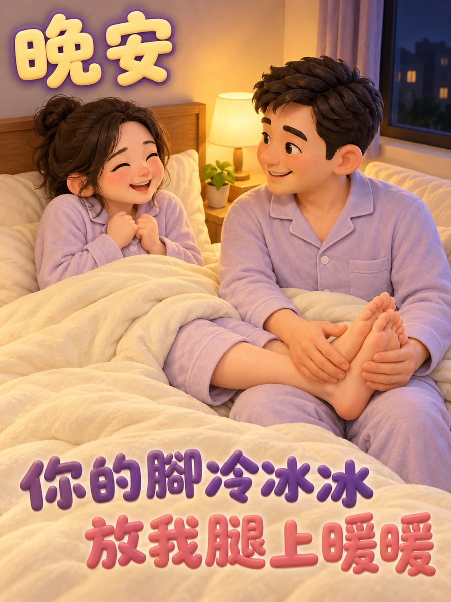 冰冰的腳放我這。圖中文字：晚安，你的腳冷冰冰，放我腿上暖暖