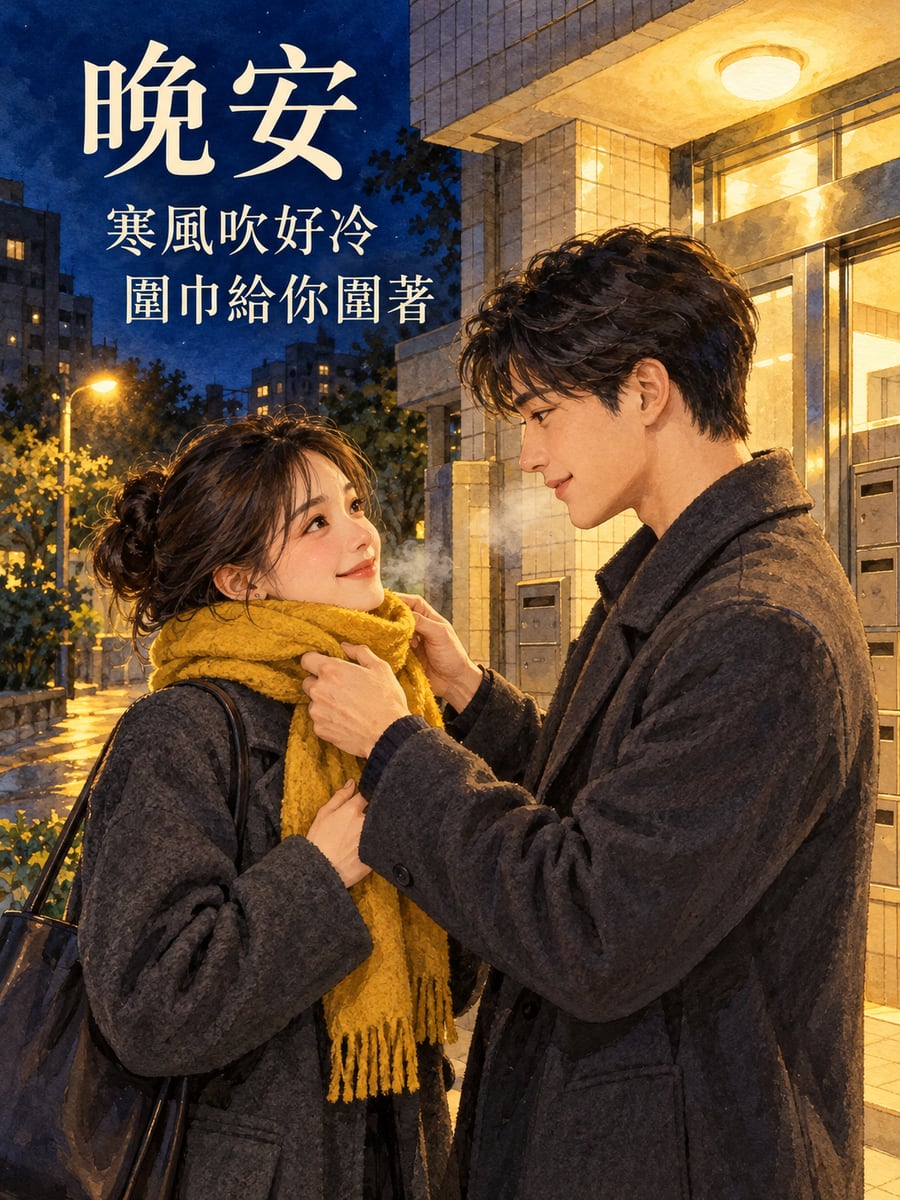 圍巾給你圍著。圖中文字：晚安，寒風吹好冷，圍巾給你圍著