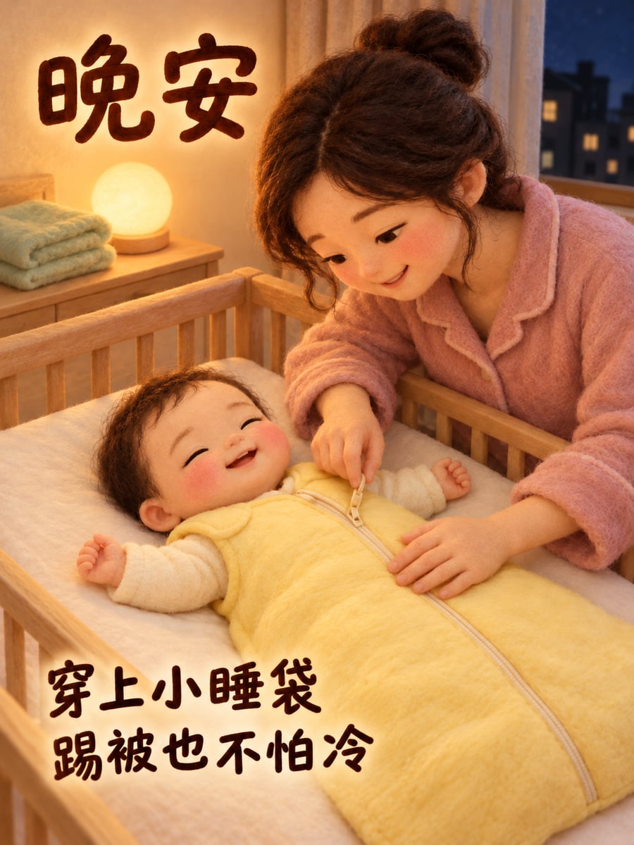 寶寶穿上防踢睡袋。圖中文字：晚安，穿上小睡袋，踢被也不怕冷