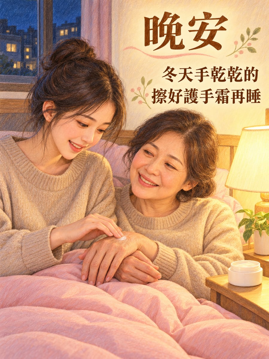 幫媽媽擦護手霜。圖中文字：晚安，冬天手乾乾的，擦好護手霜再睡