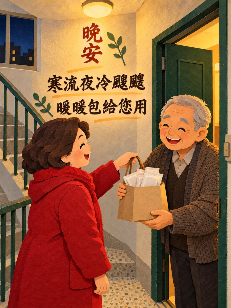 鄰居阿姨的暖暖包。圖中文字：晚安，寒流夜冷颼颼，暖暖包給您用