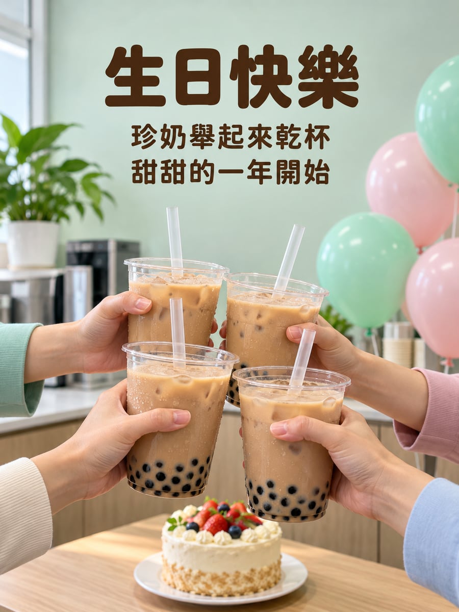 珍奶乾杯。圖中文字：生日快樂，珍奶舉起來乾杯，甜甜的一年開始