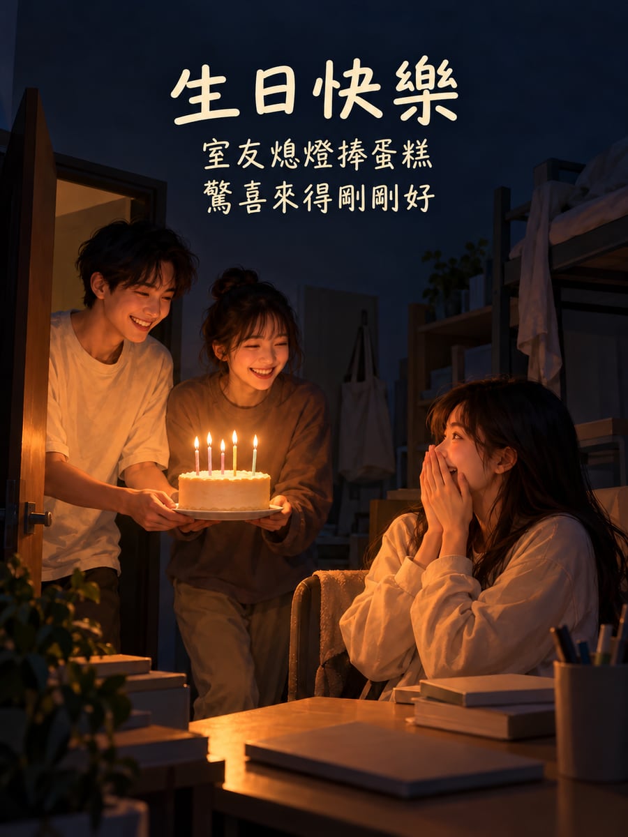 宿舍熄燈驚喜。圖中文字：生日快樂，室友熄燈捧蛋糕，驚喜來得剛剛好