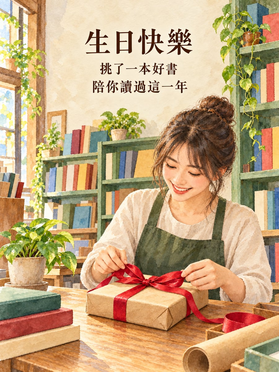 書店包一本書。圖中文字：生日快樂，挑了一本好書，陪你讀過這一年