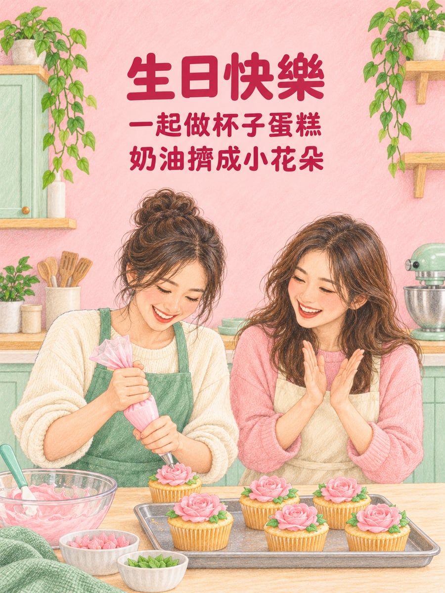 一起做杯子蛋糕。圖中文字：生日快樂，一起做杯子蛋糕，奶油擠成小花朵