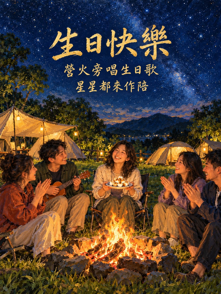 營火旁慶生。圖中文字：生日快樂，營火旁唱生日歌，星星都來作陪