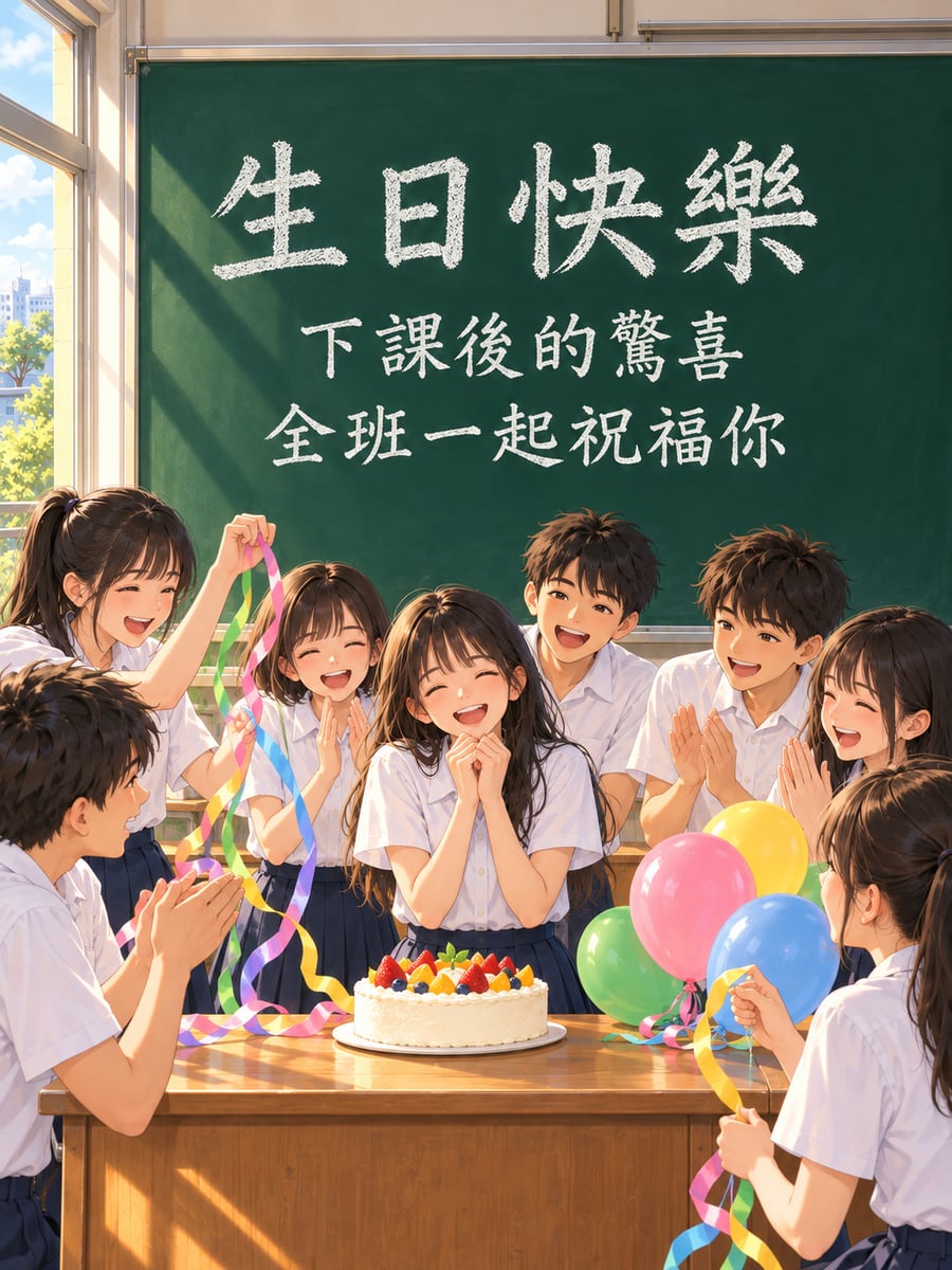 下課後的全班祝福。圖中文字：生日快樂，下課後的驚喜，全班一起祝福你