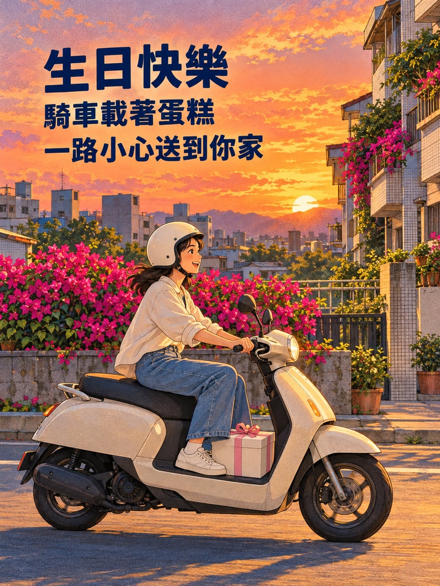 騎車送蛋糕。圖中文字：生日快樂，騎車載著蛋糕，一路小心送到你家