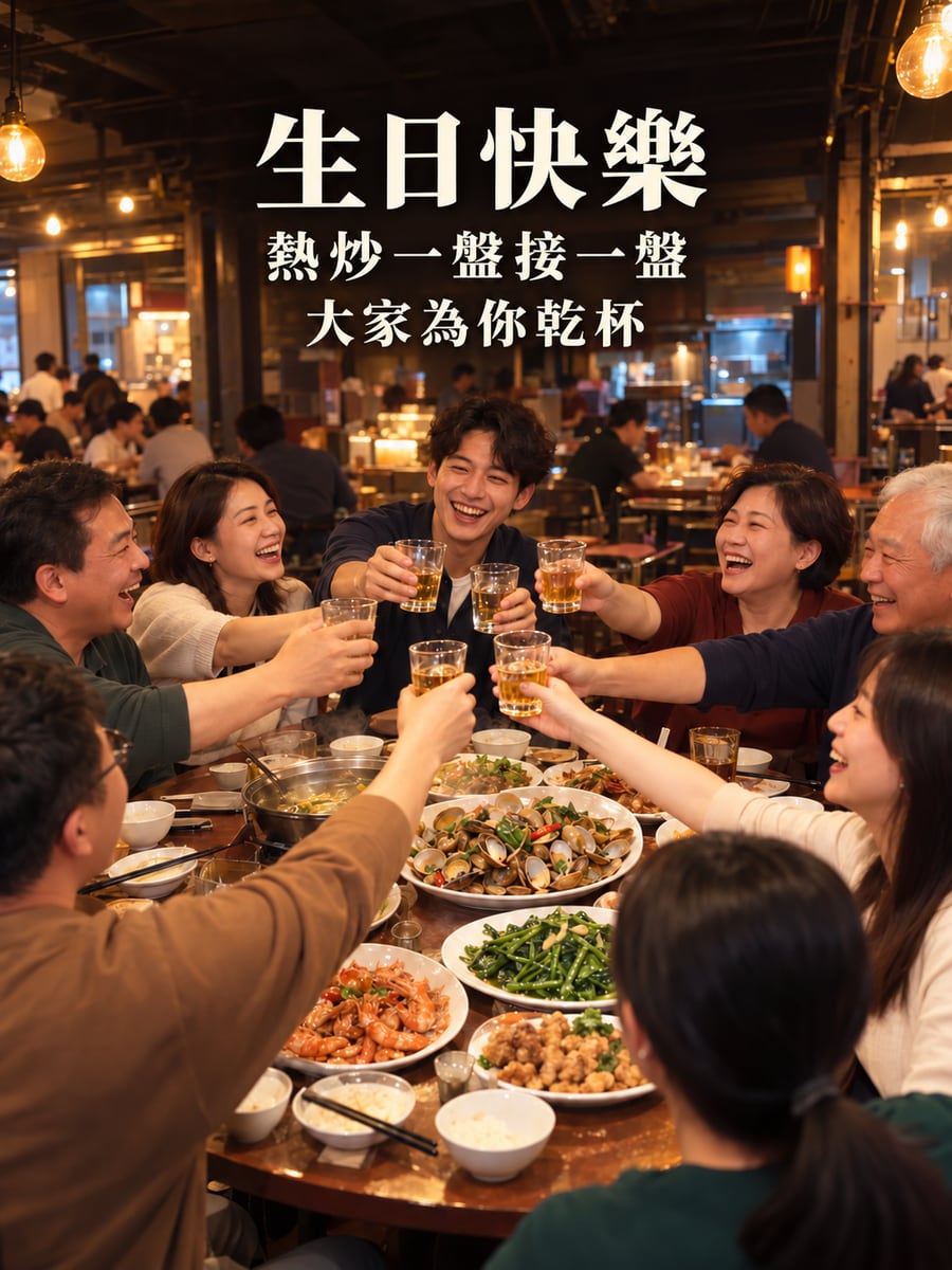 熱炒店圓桌慶生。圖中文字：生日快樂，熱炒一盤接一盤，大家為你乾杯