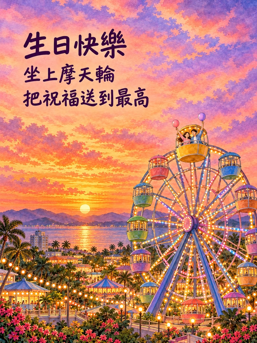 摩天輪上的祝福。圖中文字：生日快樂，坐上摩天輪，把祝福送到最高
