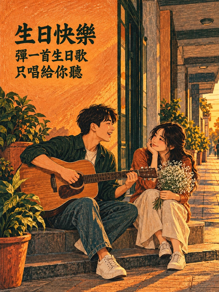 彈一首生日歌。圖中文字：生日快樂，彈一首生日歌，只唱給你聽