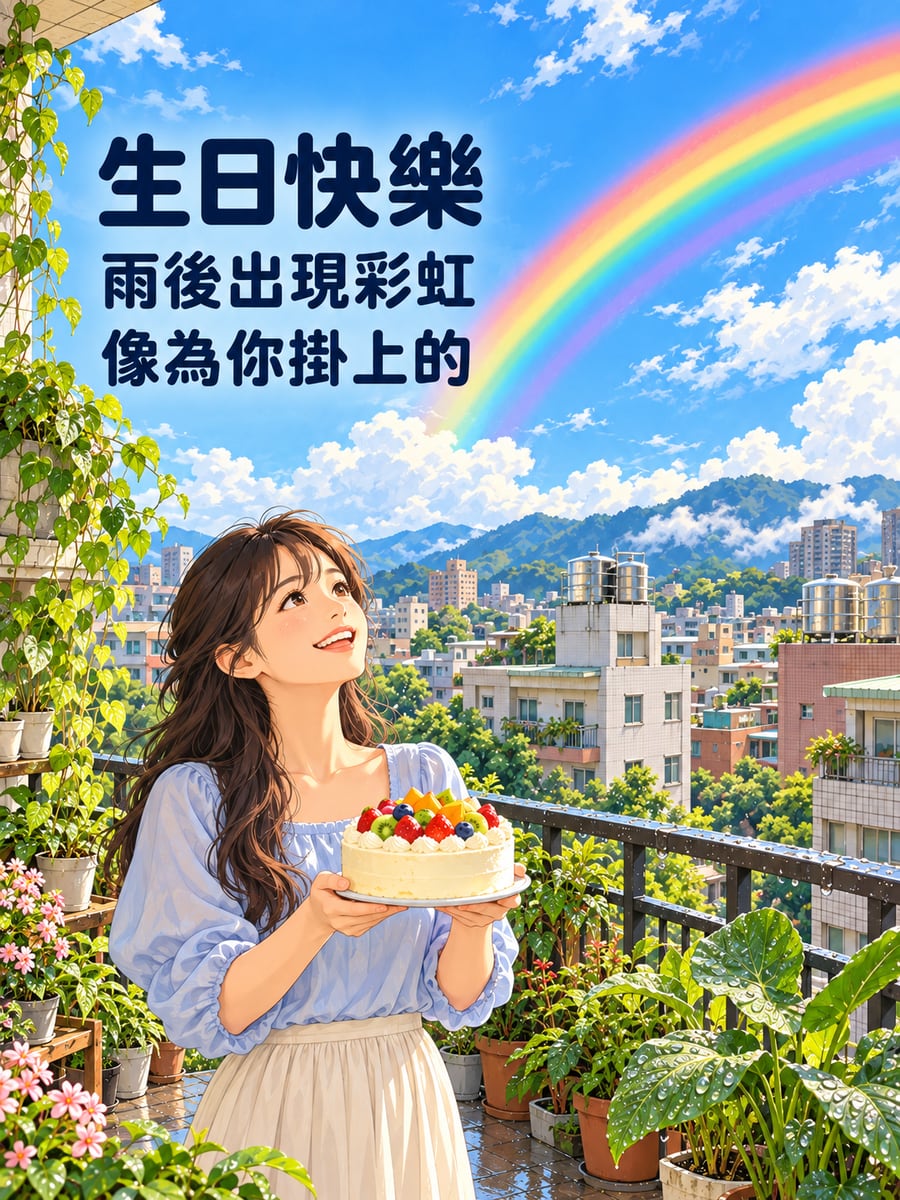 雨後的彩虹。圖中文字：生日快樂，雨後出現彩虹，像為你掛上的
