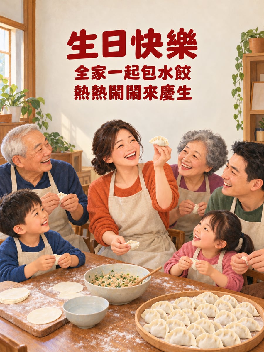 全家包水餃慶生。圖中文字：生日快樂，全家一起包水餃，熱熱鬧鬧來慶生
