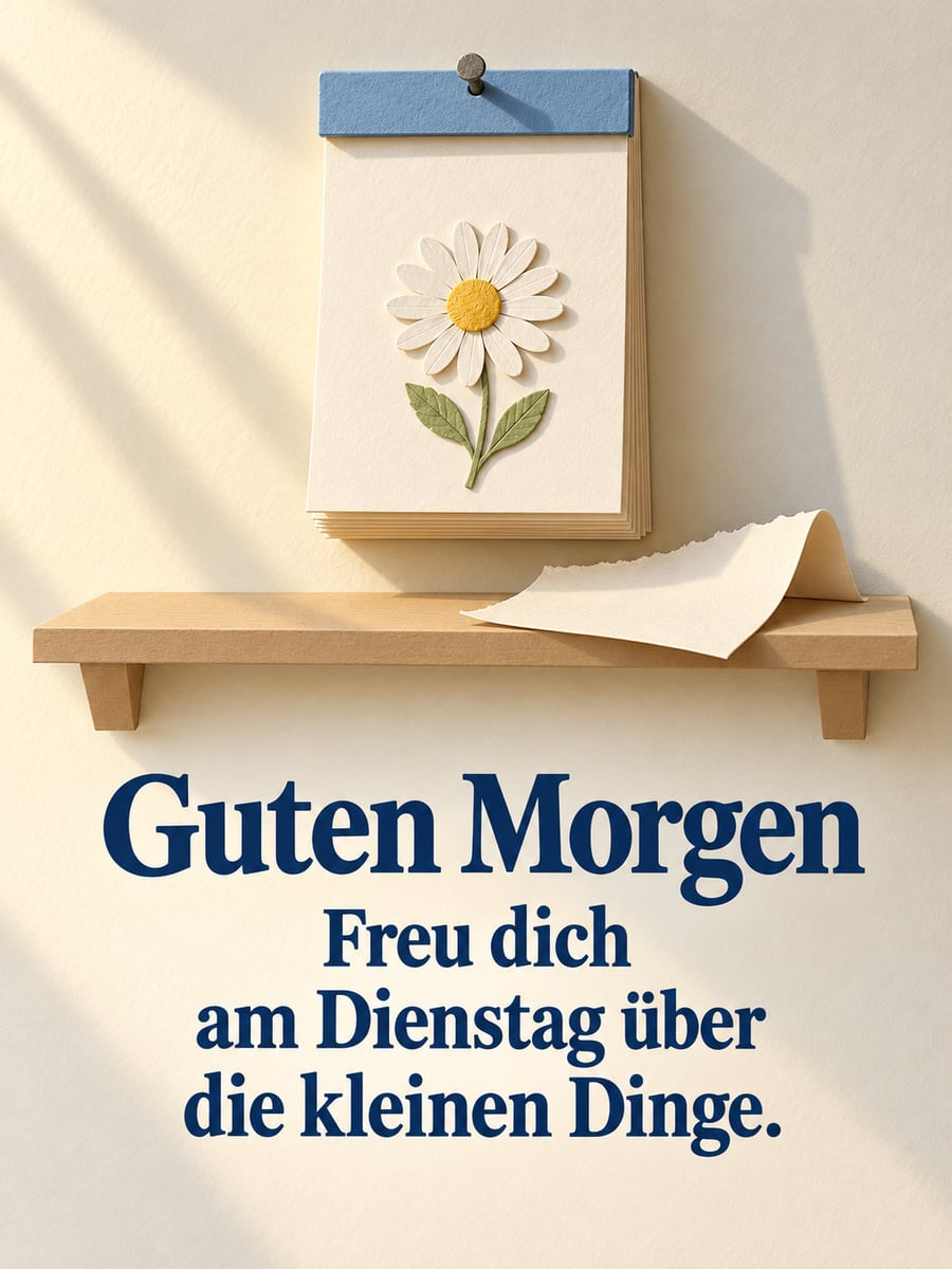 Guten-Morgen-Bild zum Dienstag mit dem Text „Guten Morgen“ und „Freu dich am Dienstag über die kleinen Dinge.“ – Motiv: Abreißkalender, Gepresste Blüte, Gänseblümchen, Kleine Freuden