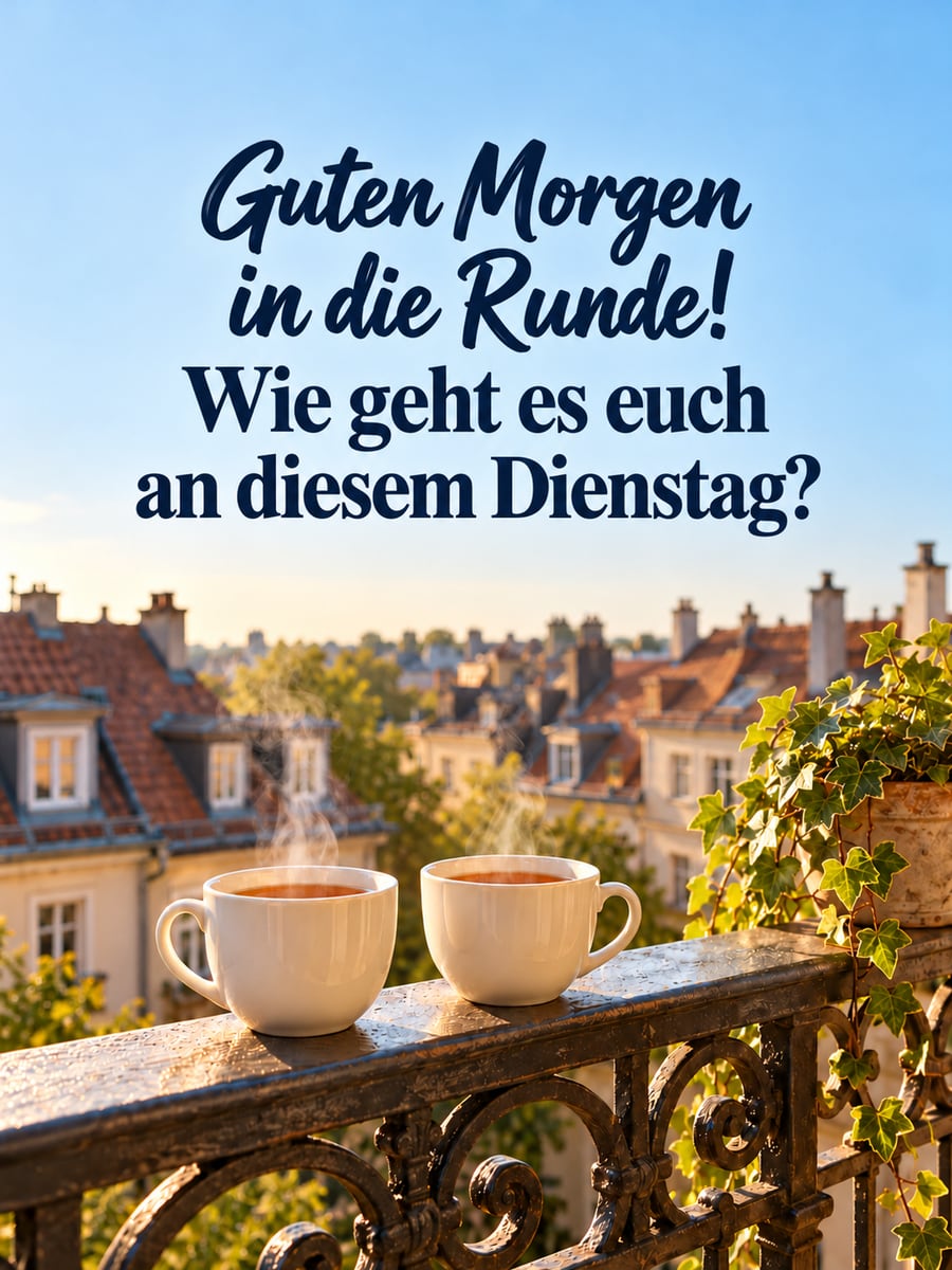 Guten-Morgen-Bild zum Dienstag mit dem Text „Guten Morgen in die Runde!“ und „Wie geht es euch an diesem Dienstag?“ – Motiv: Balkon, Altbau, Tee, Dächer