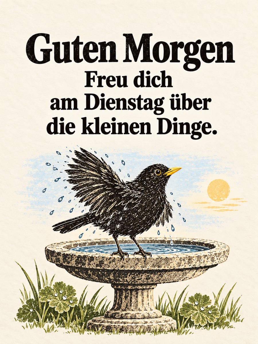Guten-Morgen-Bild zum Dienstag mit dem Text „Guten Morgen“ und „Freu dich am Dienstag über die kleinen Dinge.“ – Motiv: Amsel, Vogeltränke, Garten, Kleine Freuden