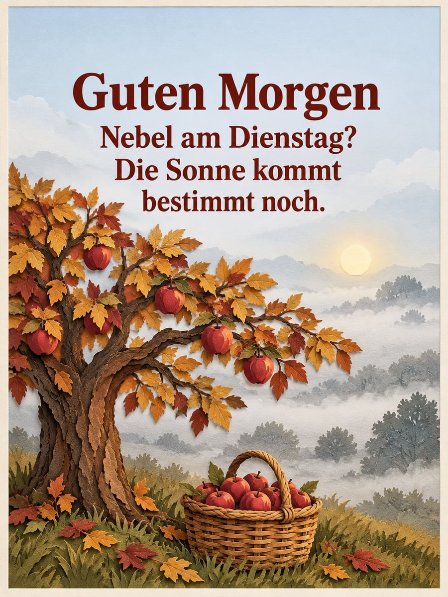 Guten-Morgen-Bild zum Dienstag mit dem Text „Guten Morgen“ und „Nebel am Dienstag? Die Sonne kommt bestimmt noch.“ – Motiv: Apfelbaum, Äpfel, Nebel, Papierschnitt