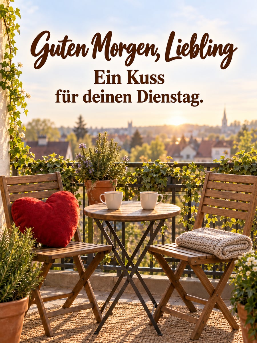 Guten-Morgen-Bild zum Dienstag mit dem Text „Guten Morgen, Liebling“ und „Ein Kuss für deinen Dienstag.“ – Motiv: Balkon, Herzkissen, Zwei Stühle, Morgensonne