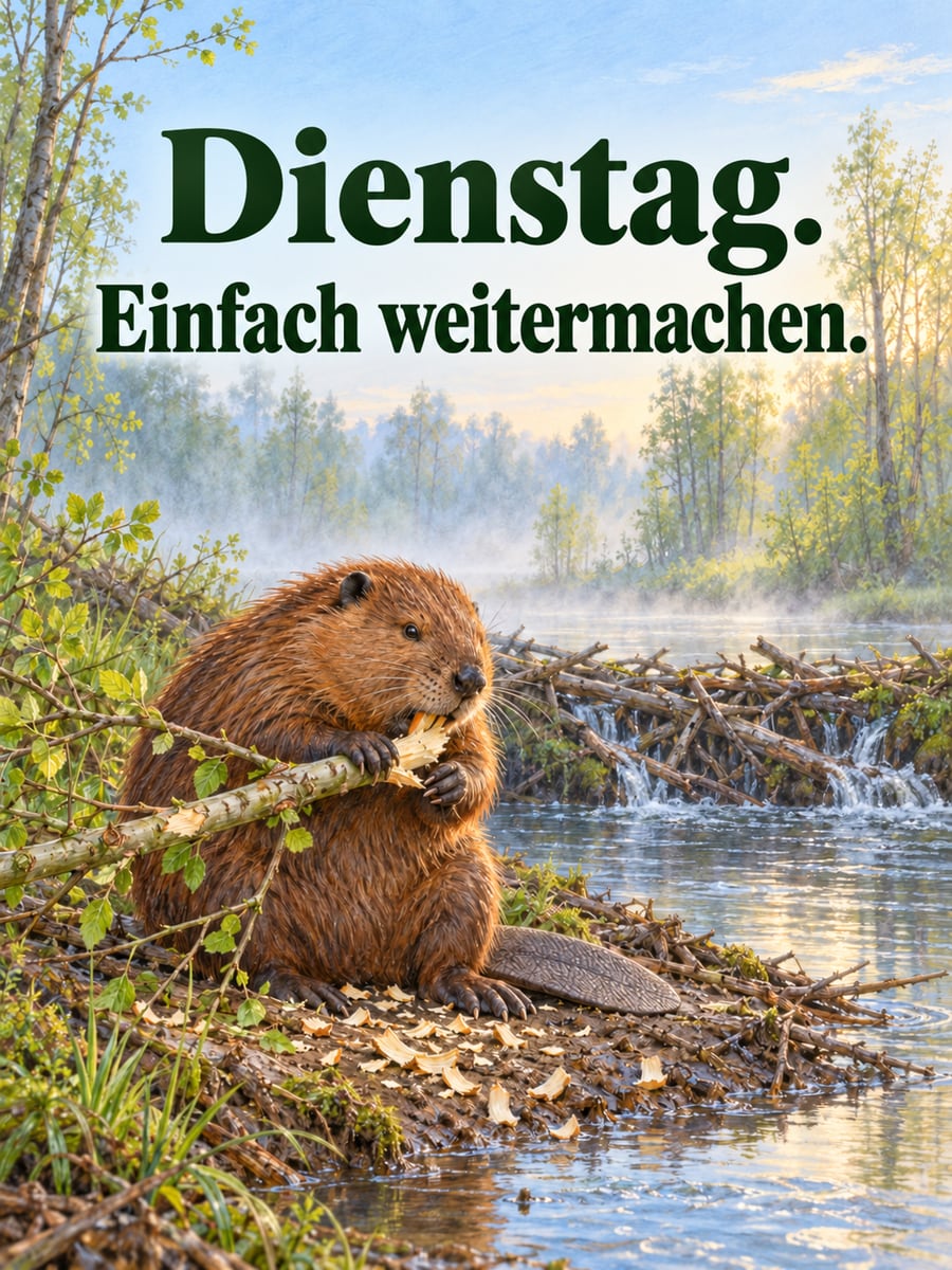 Guten-Morgen-Bild zum Dienstag mit dem Text „Dienstag.“ und „Einfach weitermachen.“ – Motiv: Biber, Bach, Damm, Morgennebel