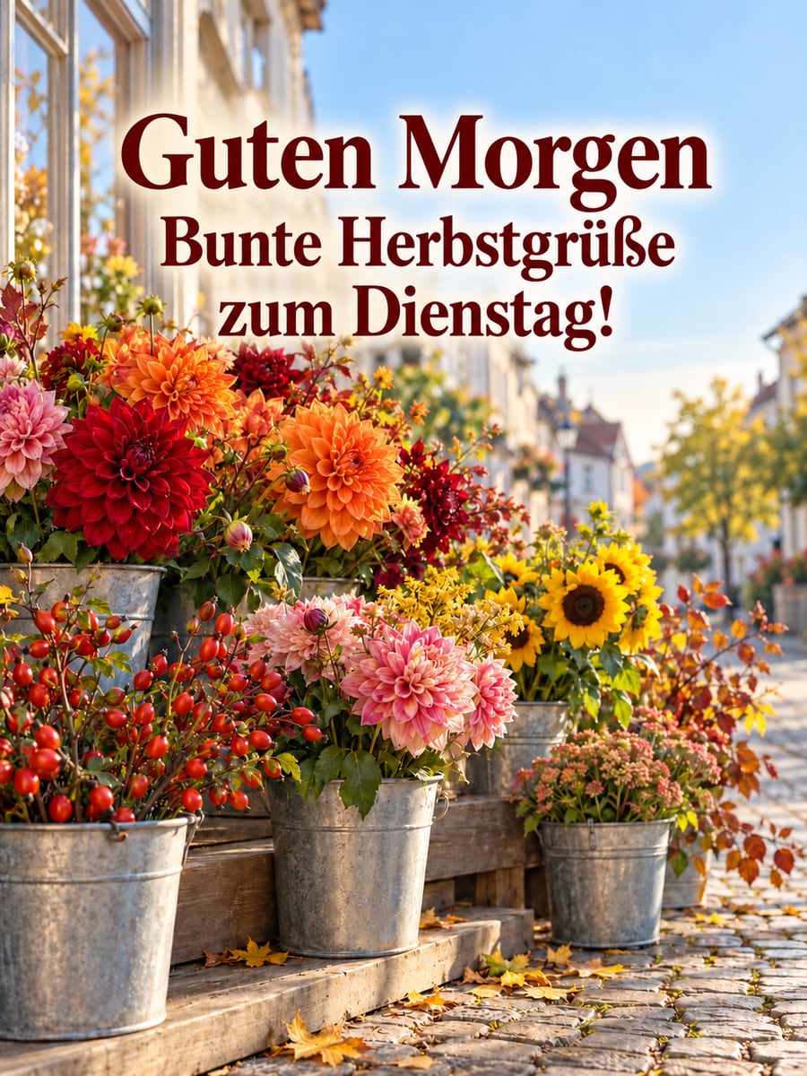 Guten-Morgen-Bild zum Dienstag mit dem Text „Guten Morgen“ und „Bunte Herbstgrüße zum Dienstag!“ – Motiv: Dahlien, Sonnenblumen, Blumenladen, Herbst
