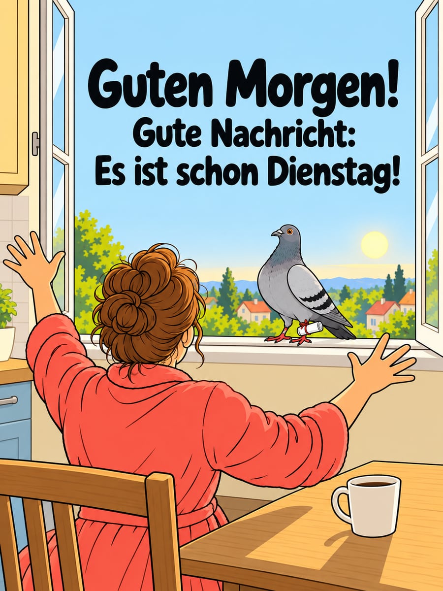 Guten-Morgen-Bild zum Dienstag mit dem Text „Guten Morgen!“ und „Gute Nachricht: Es ist schon Dienstag!“ – Motiv: Brieftaube, Nachricht, Küchenfenster, Dienstag