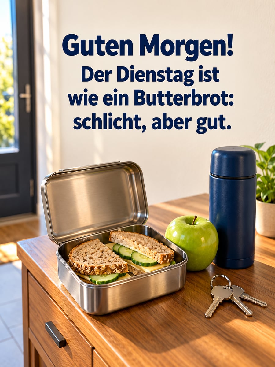 Guten-Morgen-Bild zum Dienstag mit dem Text „Guten Morgen!“ und „Der Dienstag ist wie ein Butterbrot: schlicht, aber gut.“ – Motiv: Brotdose, Stulle, Apfel, Thermoskanne